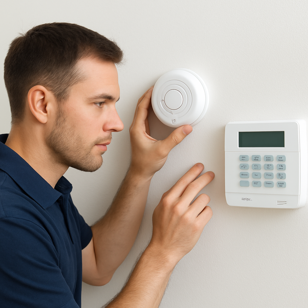 Technician installing a fire and security alarm system