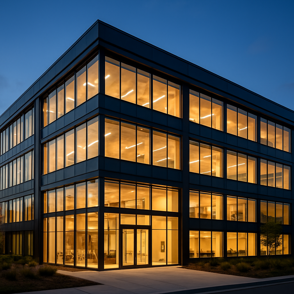 Modern commercial building serviced by Full Power Services