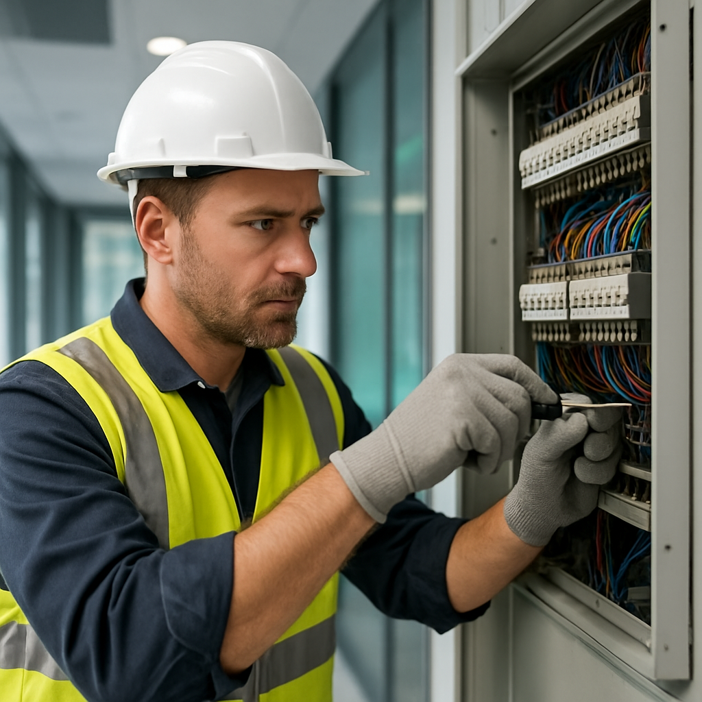 Licensed electrician working on an electrical panel in a commercial building